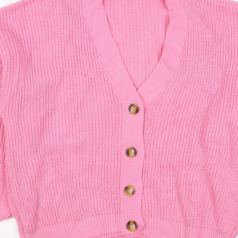 Boohoo Women Pink S Chunky Knit V-Neck Balloon Sleeve Cardigan
