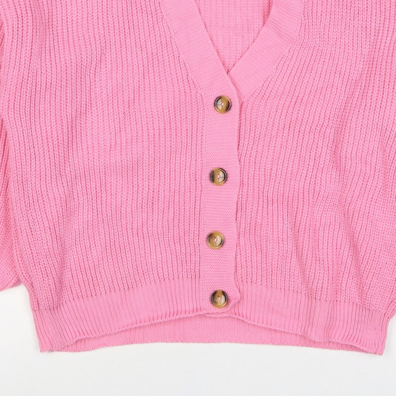 Boohoo Women Pink S Chunky Knit V-Neck Balloon Sleeve Cardigan