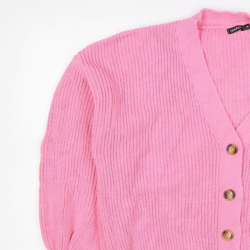 Boohoo Women Pink S Chunky Knit V-Neck Balloon Sleeve Cardigan