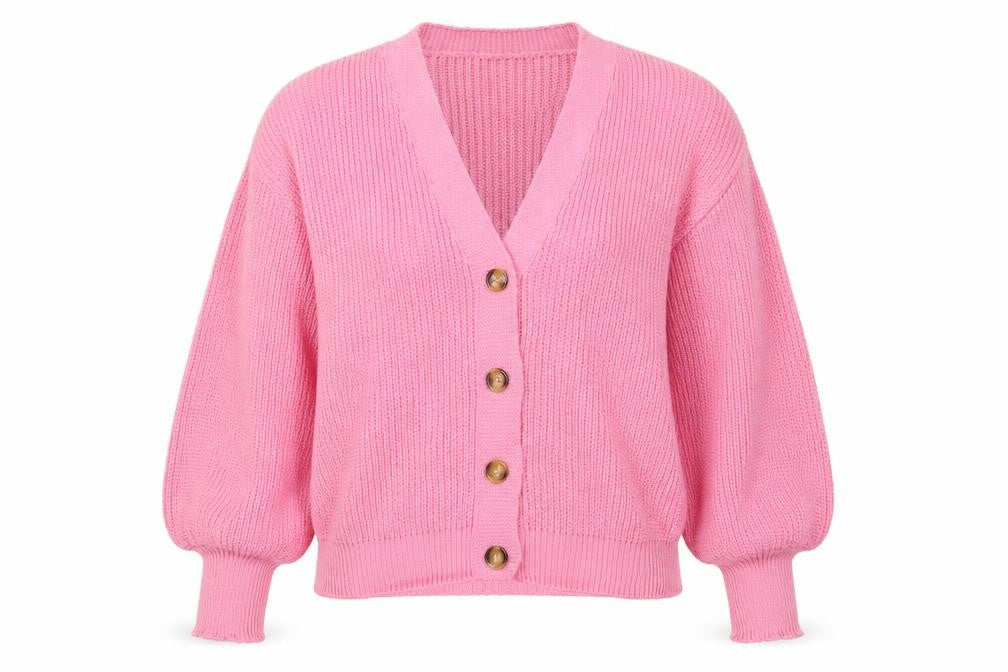 Boohoo Women Pink S Chunky Knit V-Neck Balloon Sleeve Cardigan