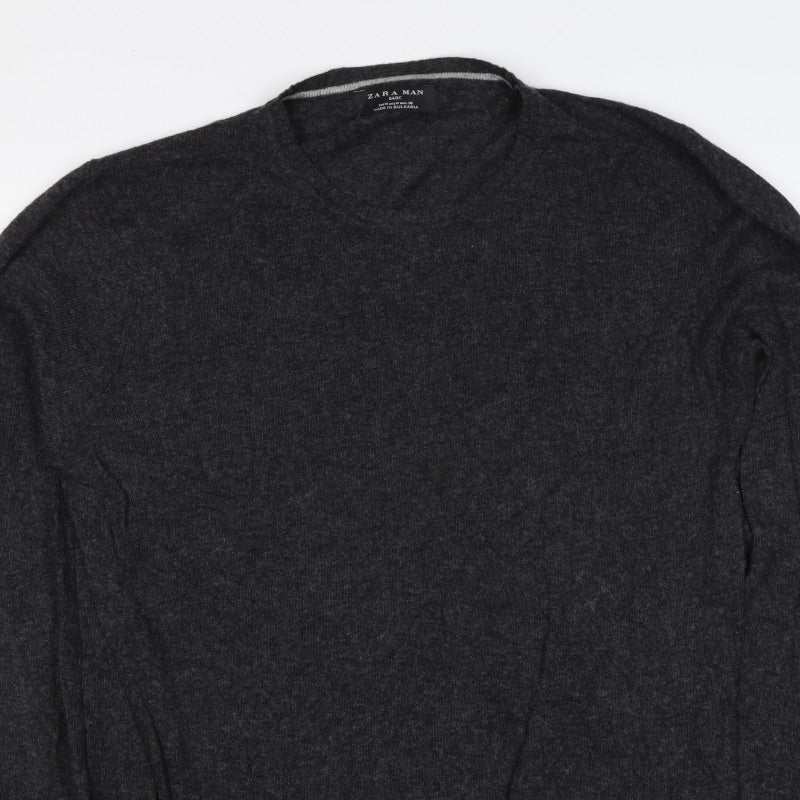 Zara Man Men’s Grey Angora Blend M V-Neck Knit Pullover Jumper