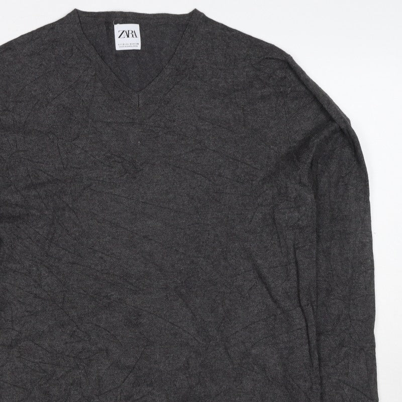 Zara Men Grey M V-Neck Lightweight Viscose Knit Pullover Jumper