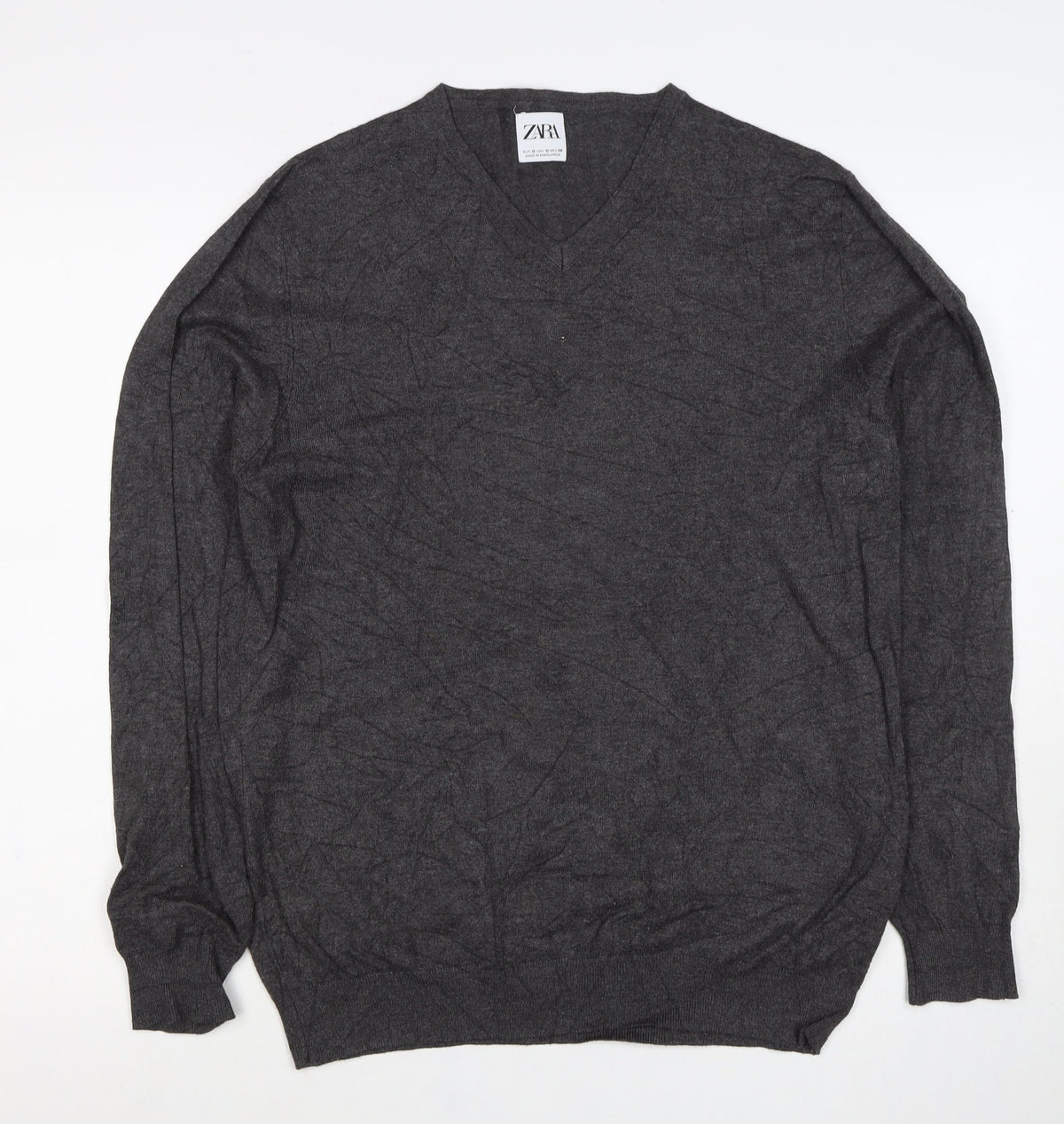 Zara Men Grey M V-Neck Lightweight Viscose Knit Pullover Jumper