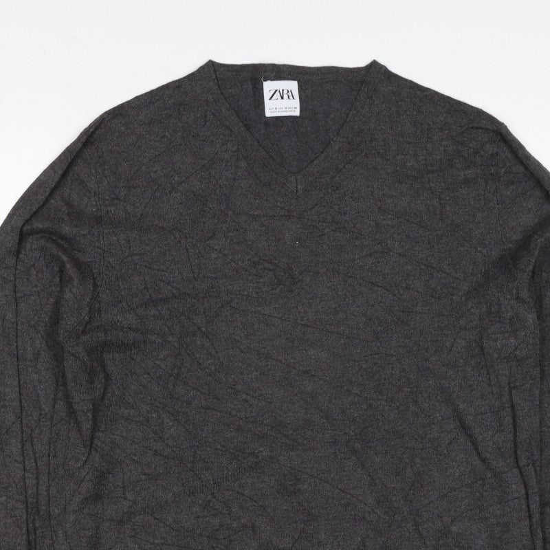 Zara Men Grey M V-Neck Lightweight Viscose Knit Pullover Jumper