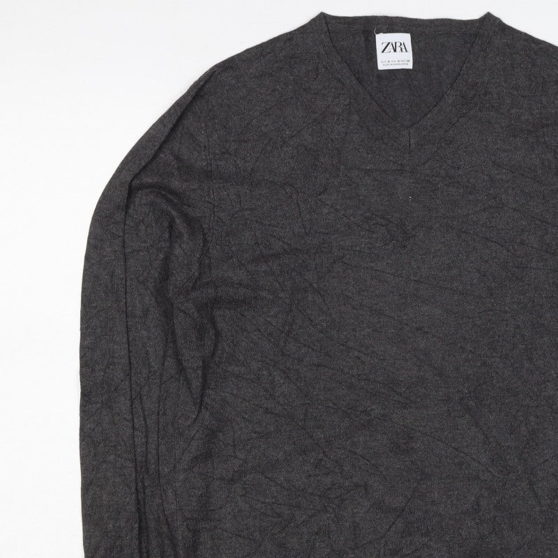 Zara Men Grey M V-Neck Lightweight Viscose Knit Pullover Jumper