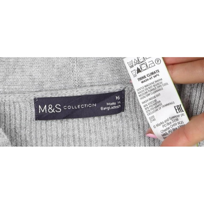 Marks & Spencer Women Grey Size 16 Longline Open Knit Cardigan Pockets