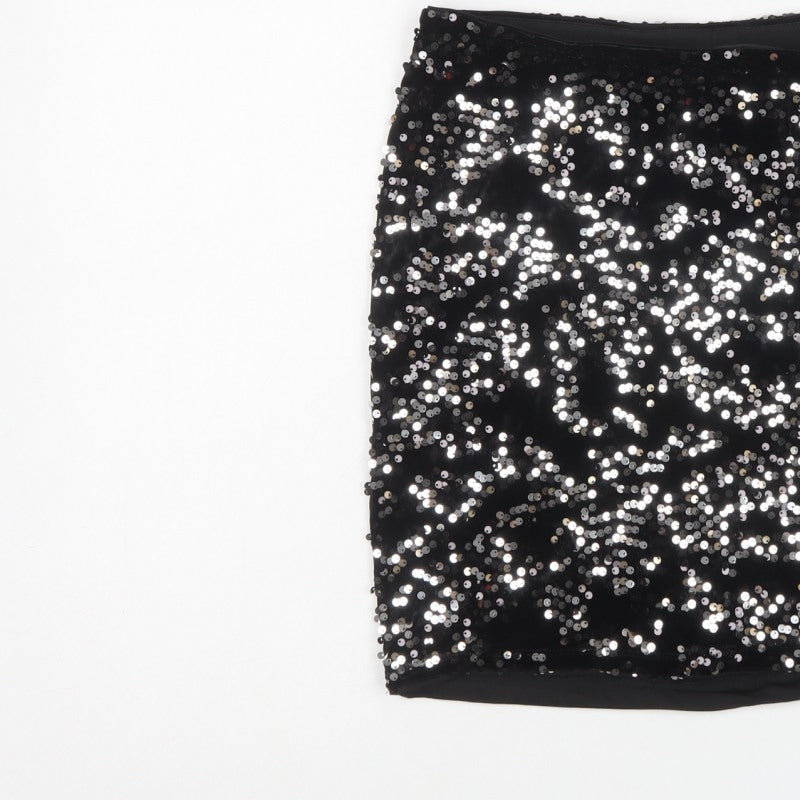 H&M Divided Women Black Silver Sequin Mini Pencil Skirt Size S