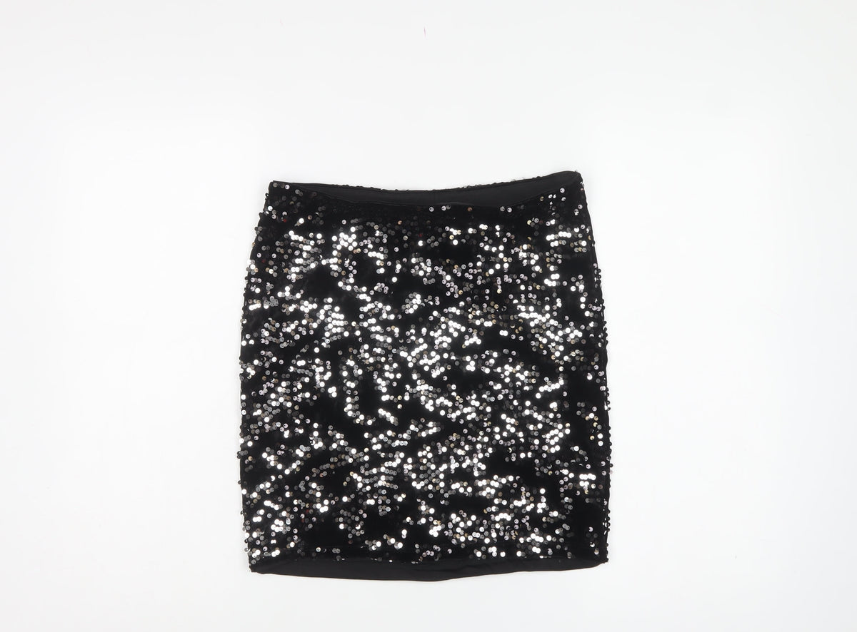 H&M Divided Women Black Silver Sequin Mini Pencil Skirt Size S