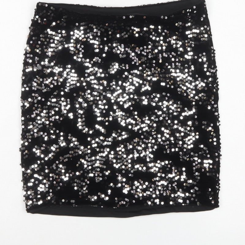 H&M Divided Women Black Silver Sequin Mini Pencil Skirt Size S