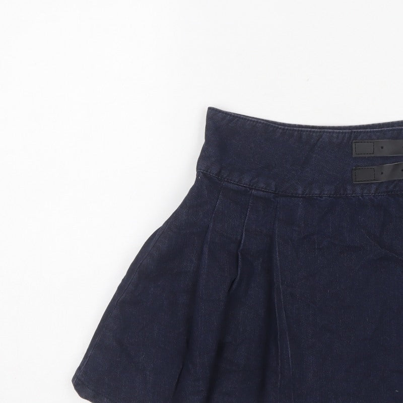 Denim Co Women Blue UK 8 Flare Pleated Denim Mini Skirt Buckles