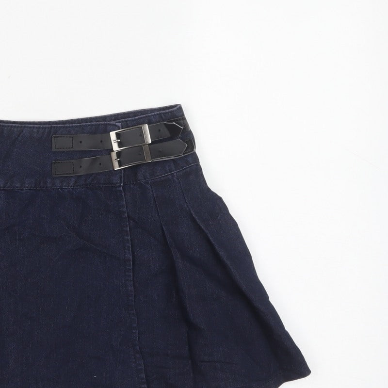 Denim Co Women Blue UK 8 Flare Pleated Denim Mini Skirt Buckles