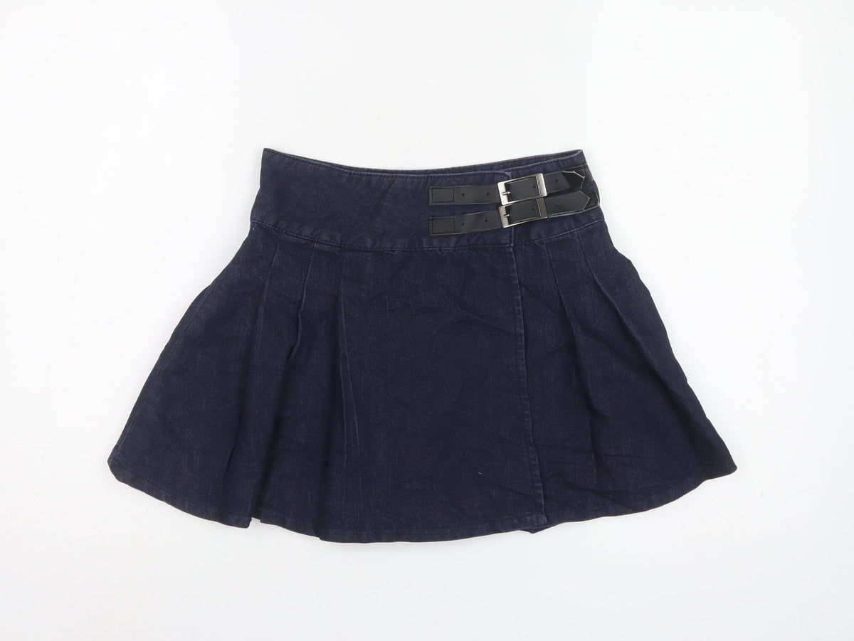 Denim Co Women Blue UK 8 Flare Pleated Denim Mini Skirt Buckles