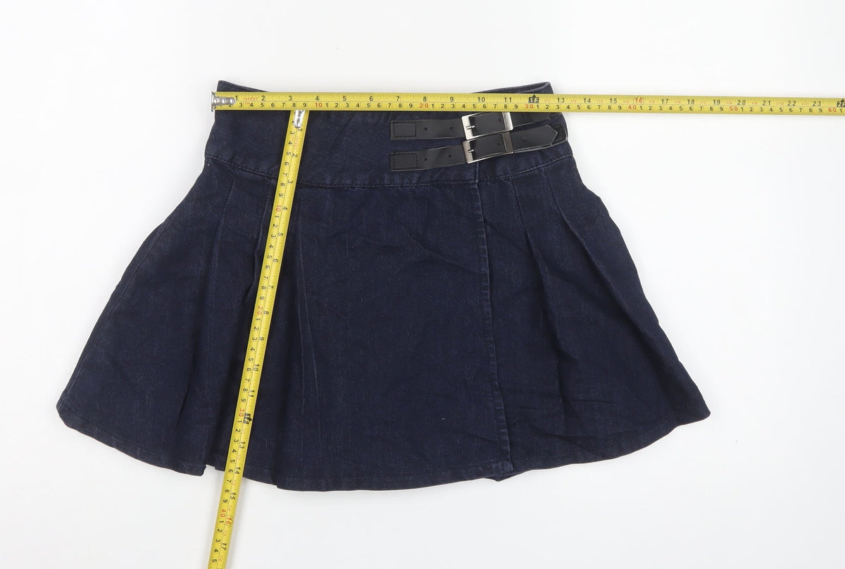 Denim Co Women Blue UK 8 Flare Pleated Denim Mini Skirt Buckles