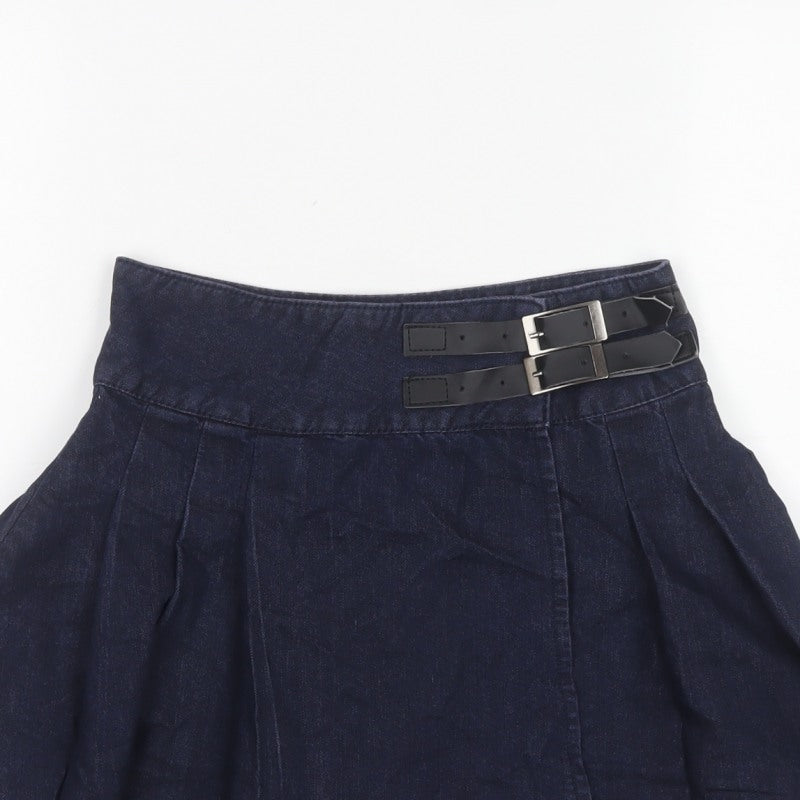 Denim Co Women Blue UK 8 Flare Pleated Denim Mini Skirt Buckles