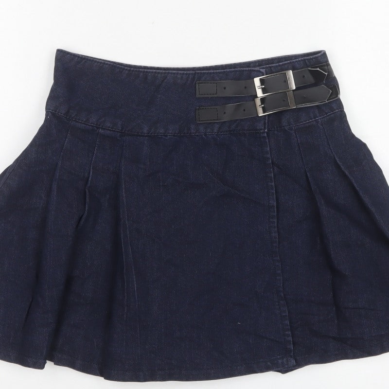 Denim Co Women Blue UK 8 Flare Pleated Denim Mini Skirt Buckles