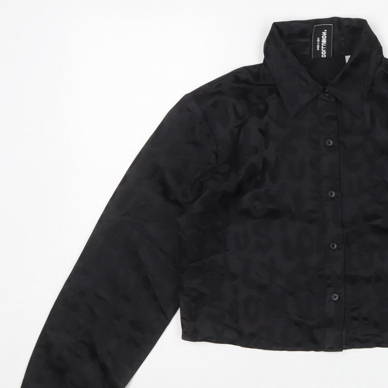 Collusion Women Black UK 10 Cropped Jacquard Button-Up Shirt