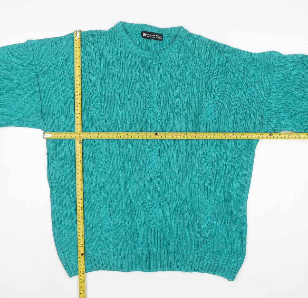 St Michael Mens Green XL Cable Knit Crew Neck Vintage Jumper