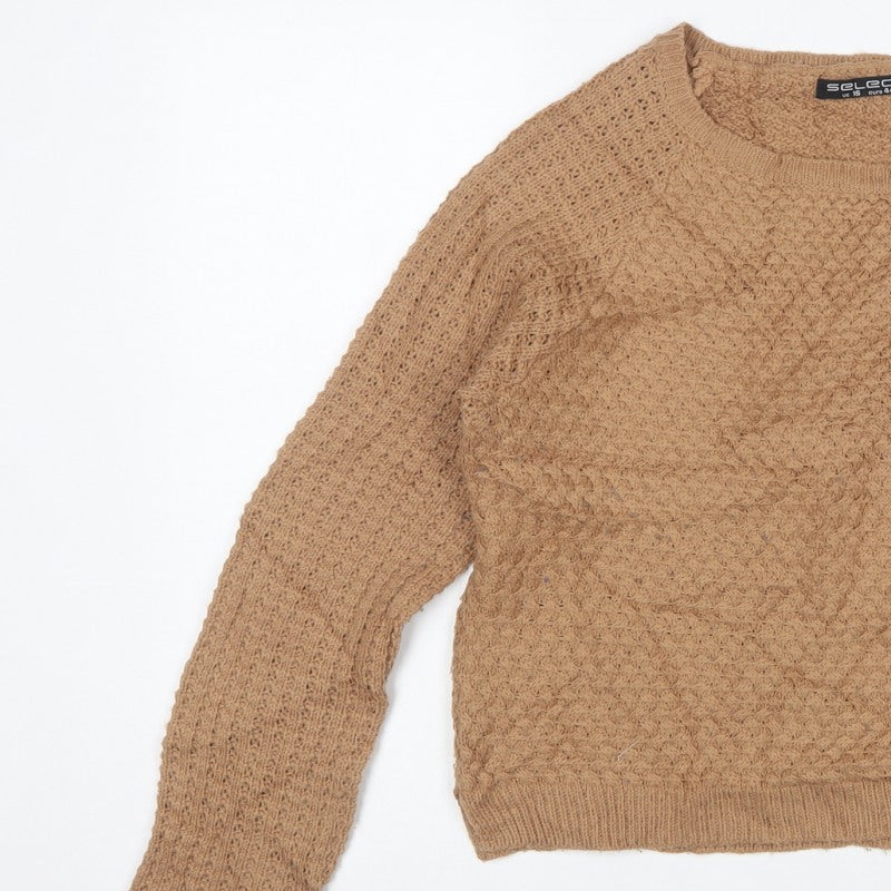 Select Women Beige Cable Knit Raglan Jumper UK 16 Round Neck