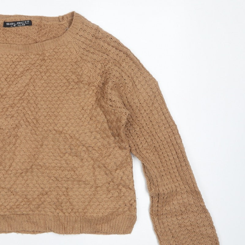 Select Women Beige Cable Knit Raglan Jumper UK 16 Round Neck
