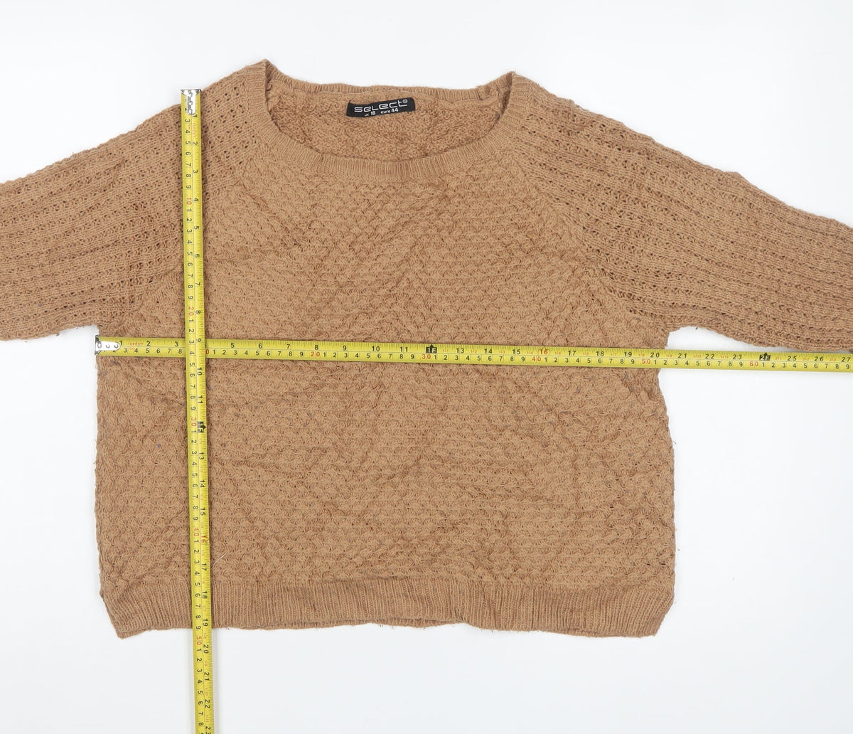 Select Women Beige Cable Knit Raglan Jumper UK 16 Round Neck