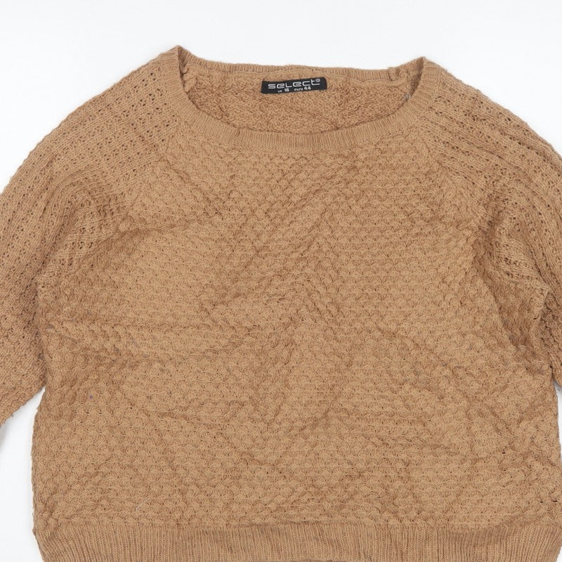 Select Women Beige Cable Knit Raglan Jumper UK 16 Round Neck