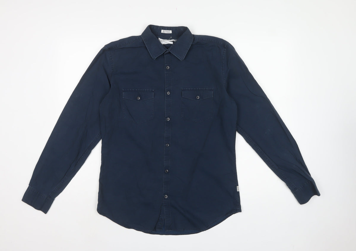 Calvin Klein Men’s Blue S Slim Fit Cotton Long Sleeve Button-Up Shirt