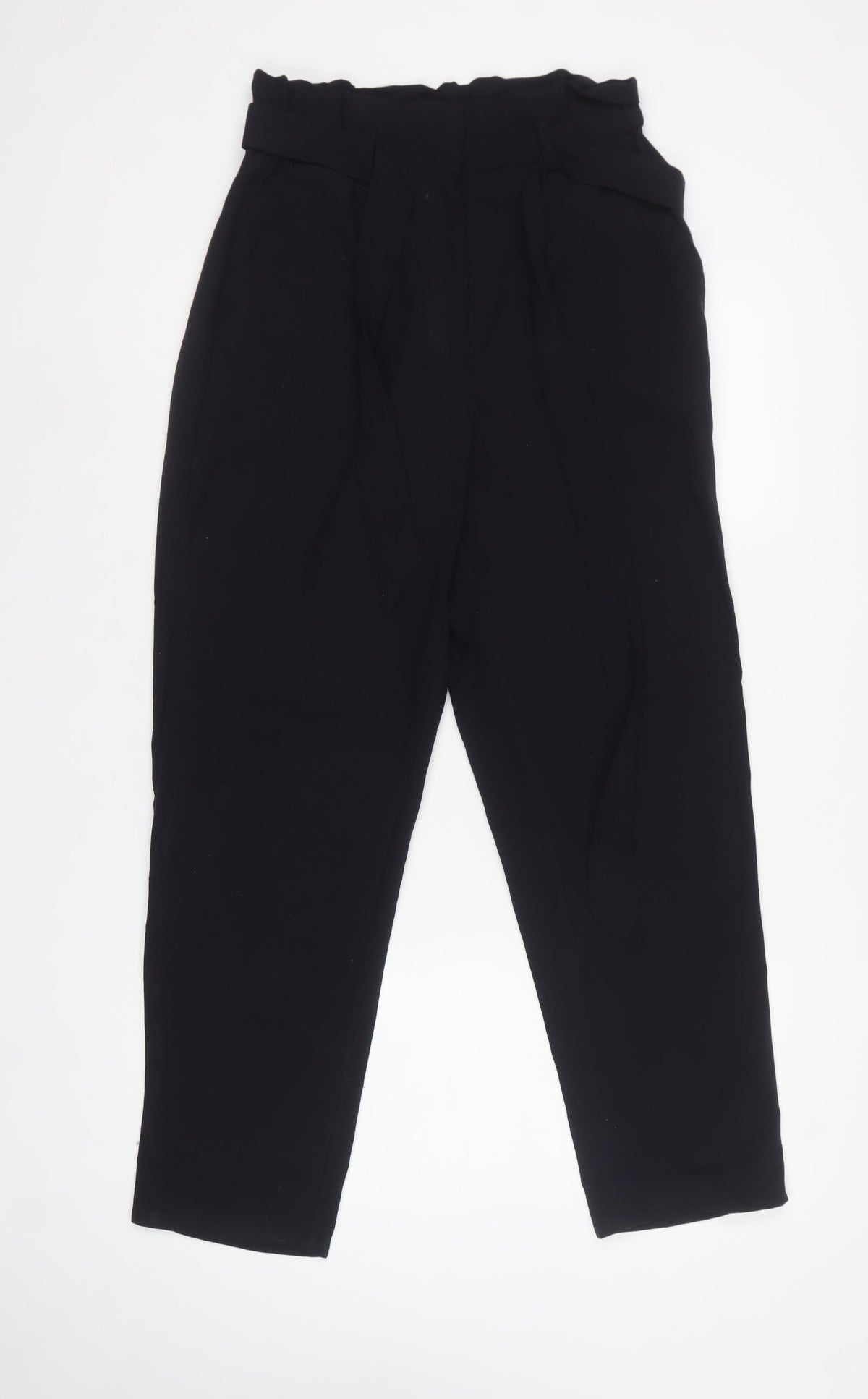 H&M Women Black UK 12 Paperbag Belted High Rise Trousers