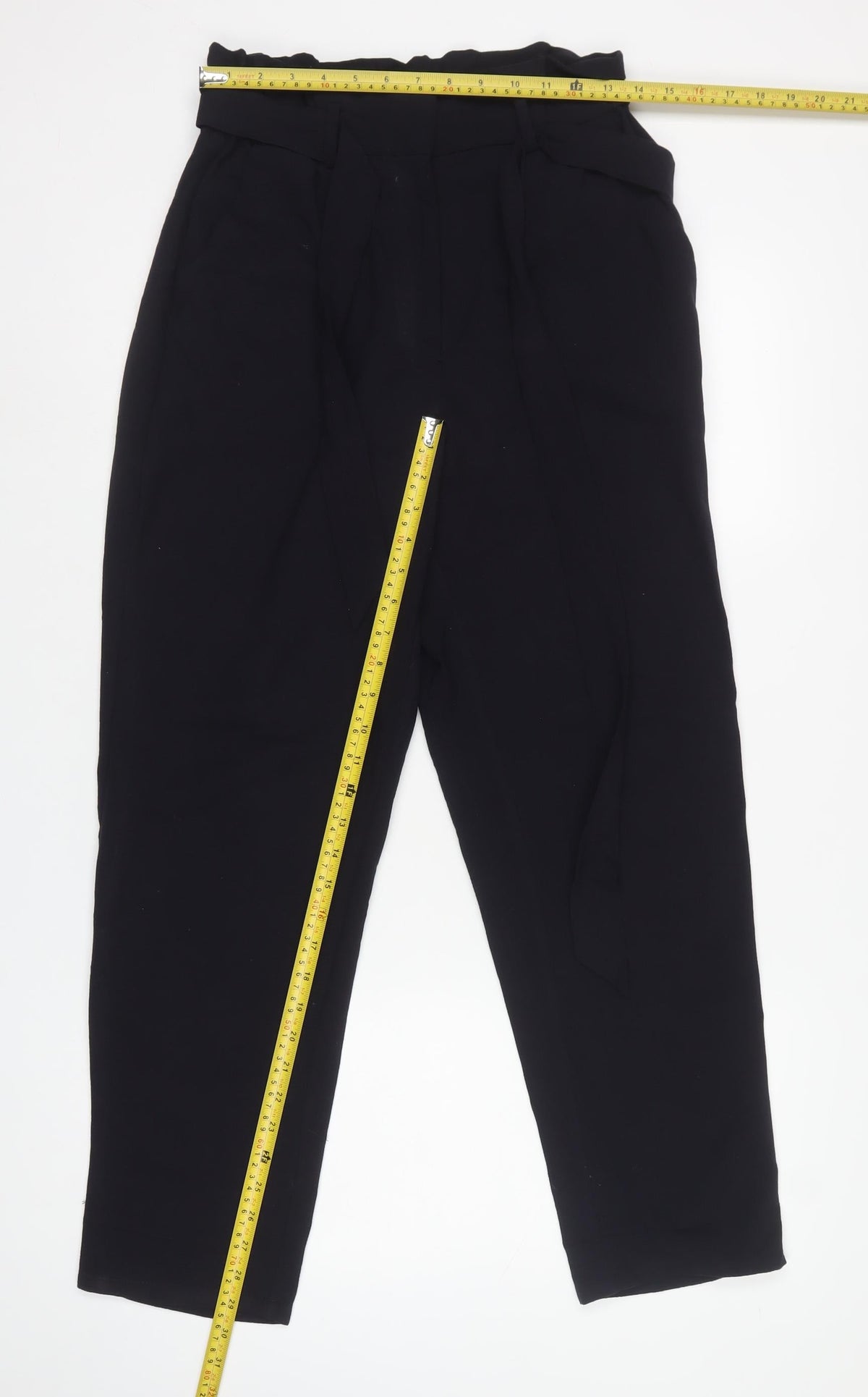 H&M Women Black UK 12 Paperbag Belted High Rise Trousers