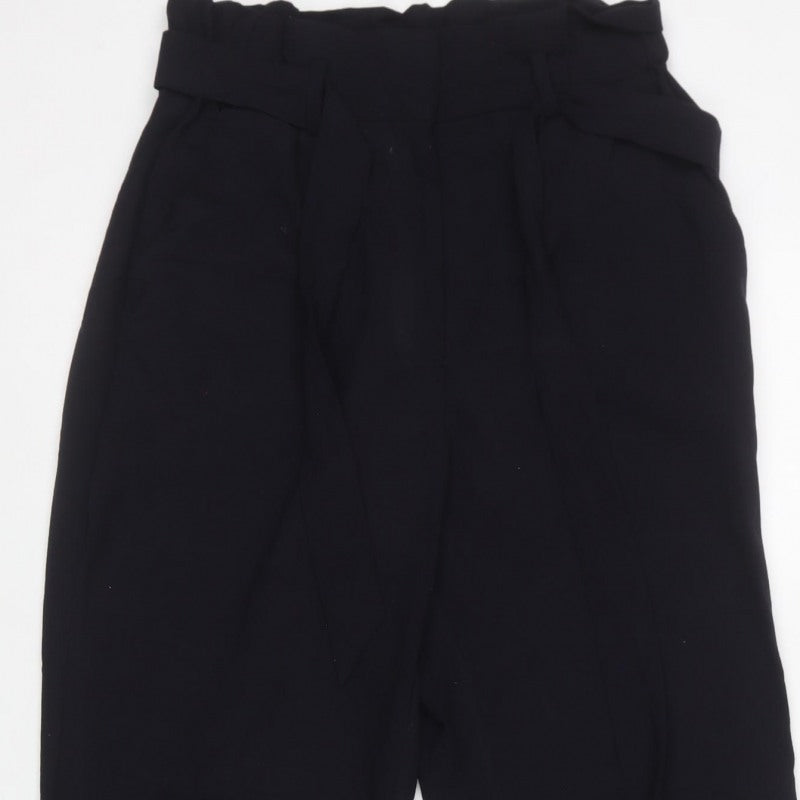 H&M Women Black UK 12 Paperbag Belted High Rise Trousers