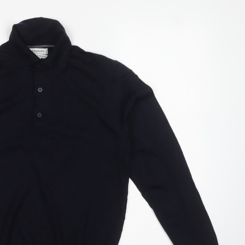 Autograph Men’s Blue Small Merino Wool High Neck Henley Jumper