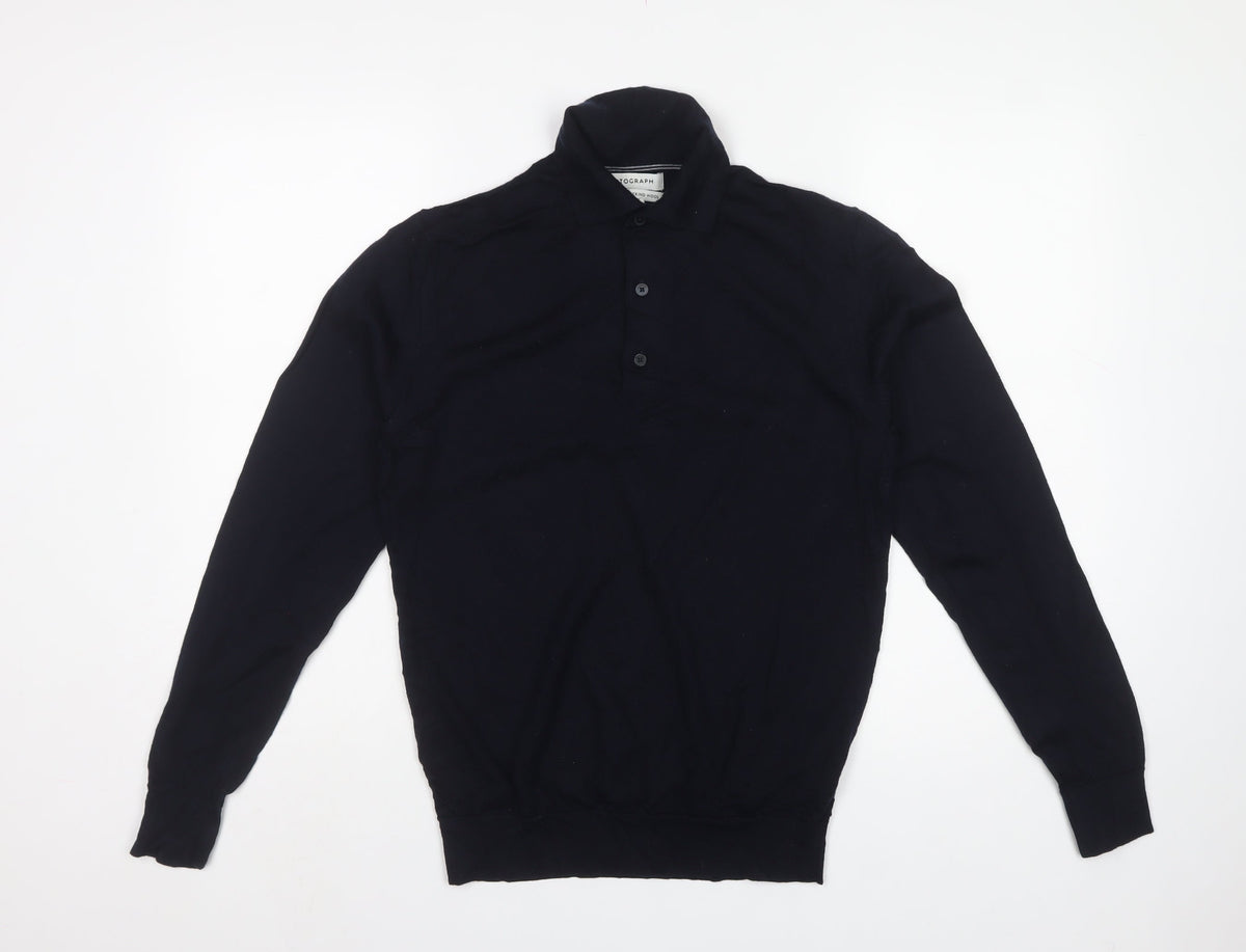 Autograph Men’s Blue Small Merino Wool High Neck Henley Jumper