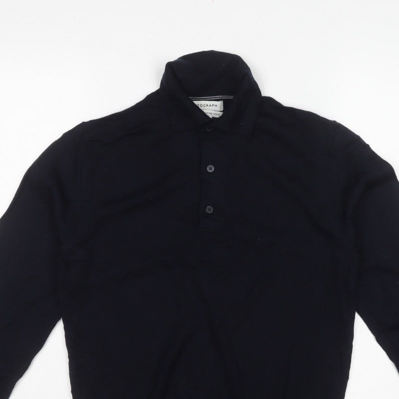 Autograph Men’s Blue Small Merino Wool High Neck Henley Jumper