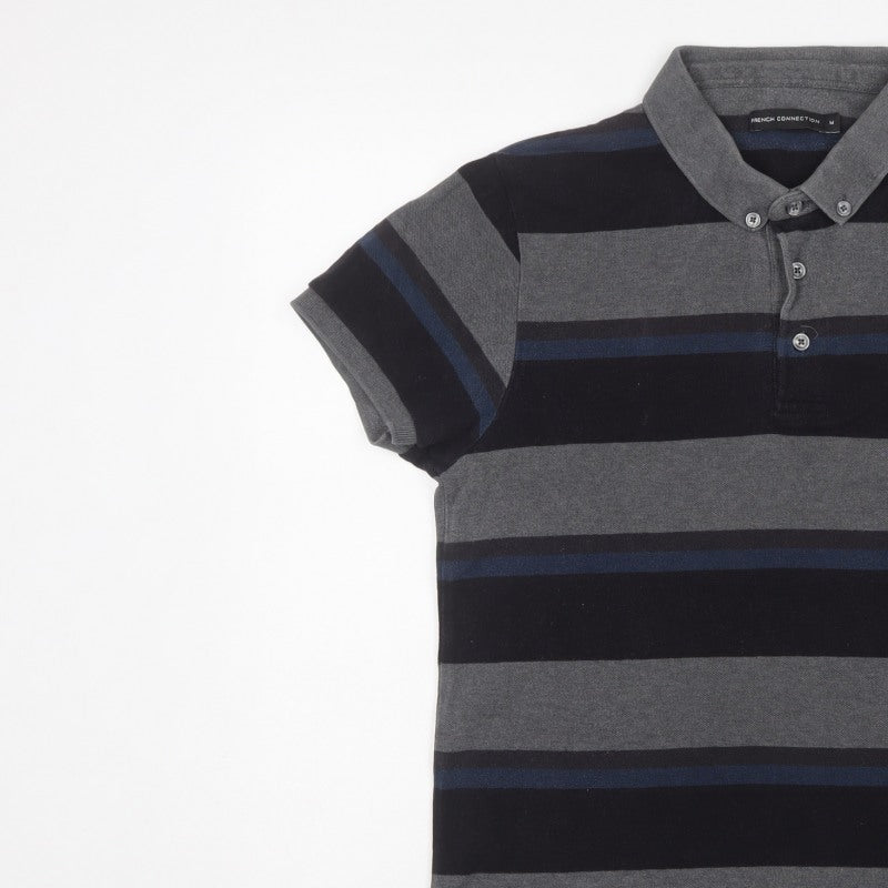 French Connection Men’s M Grey Navy Striped Button-Down Polo