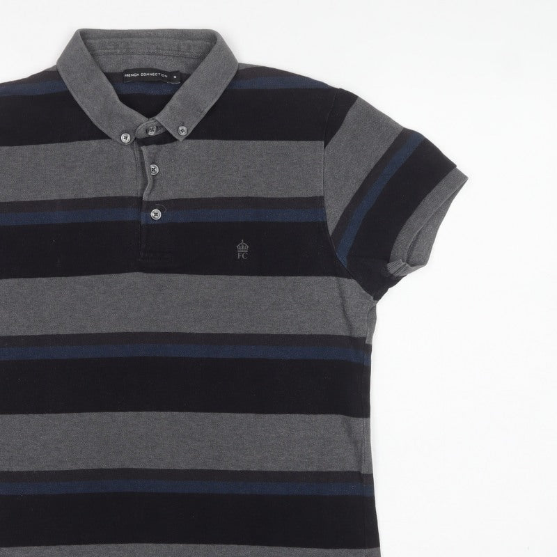 French Connection Men’s M Grey Navy Striped Button-Down Polo