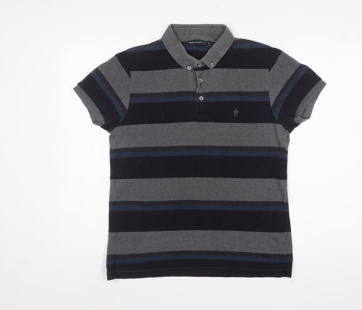 French Connection Men’s M Grey Navy Striped Button-Down Polo