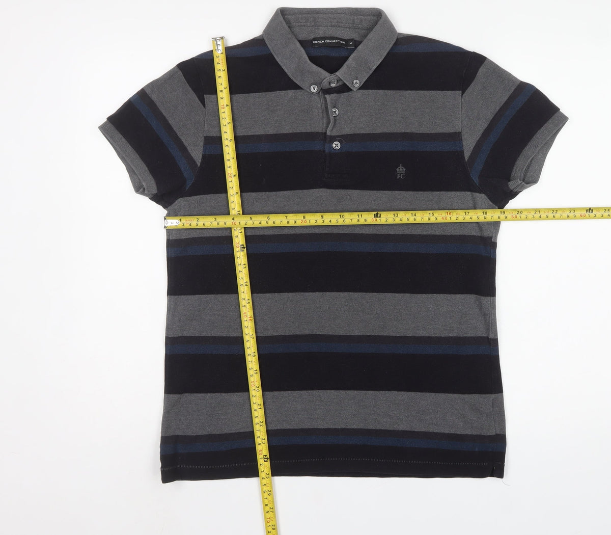 French Connection Men’s M Grey Navy Striped Button-Down Polo