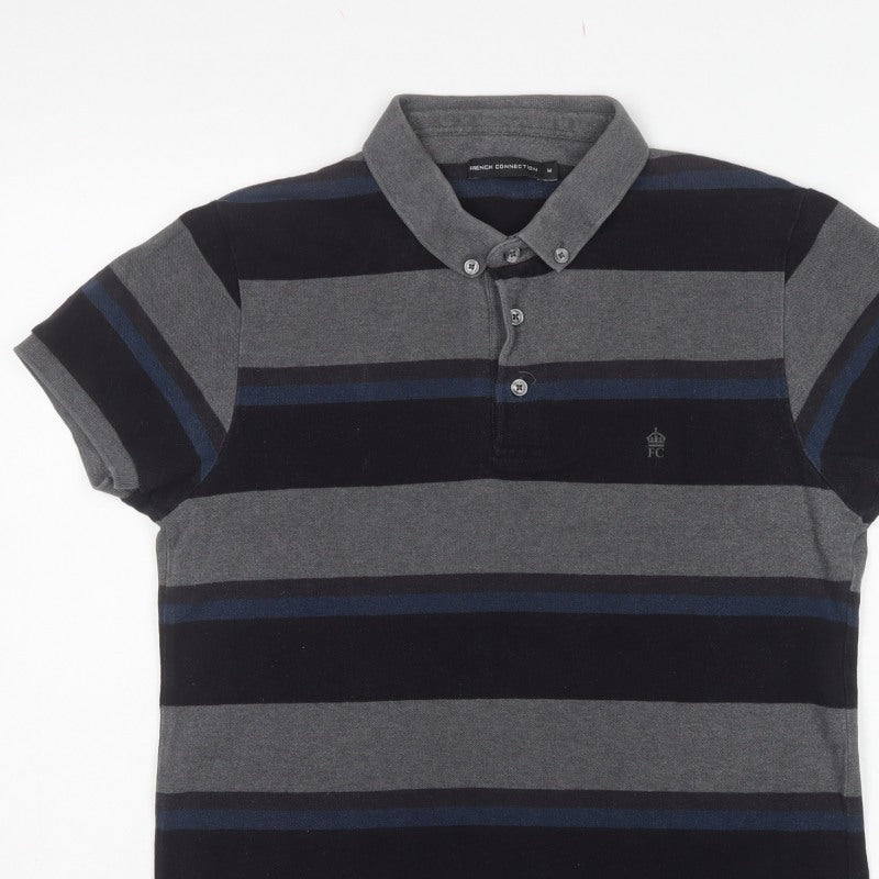 French Connection Men’s M Grey Navy Striped Button-Down Polo