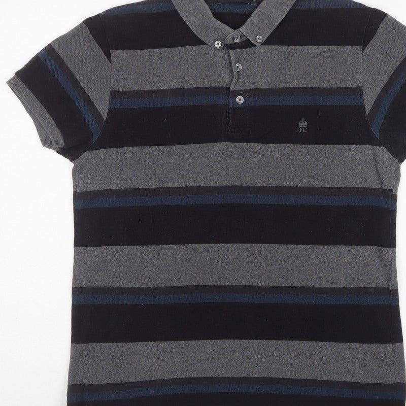 French Connection Men’s M Grey Navy Striped Button-Down Polo