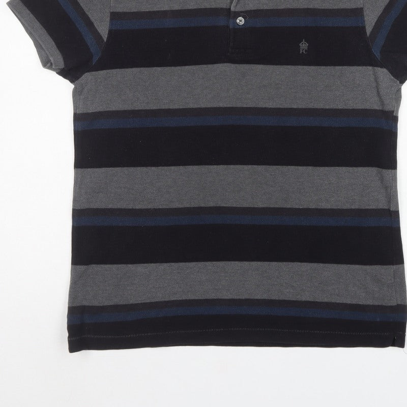 French Connection Men’s M Grey Navy Striped Button-Down Polo