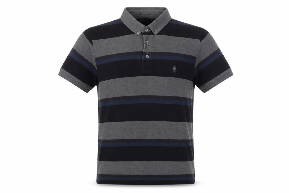 French Connection Men’s M Grey Navy Striped Button-Down Polo