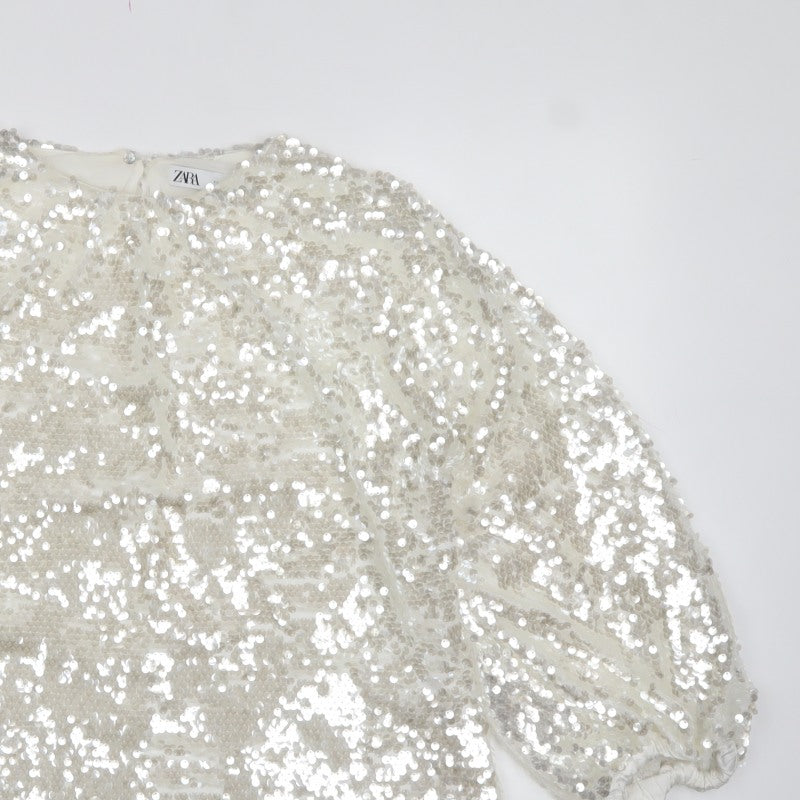 Zara Women Ivory Sequin Cropped Puff Sleeve Party Blouse Size S