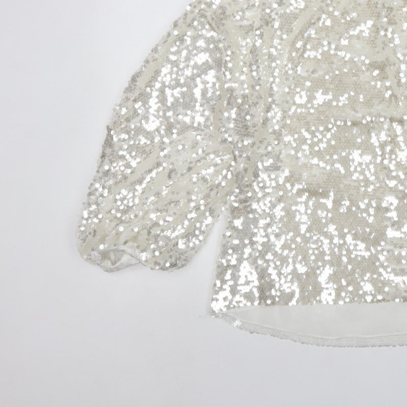 Zara Women Ivory Sequin Cropped Puff Sleeve Party Blouse Size S