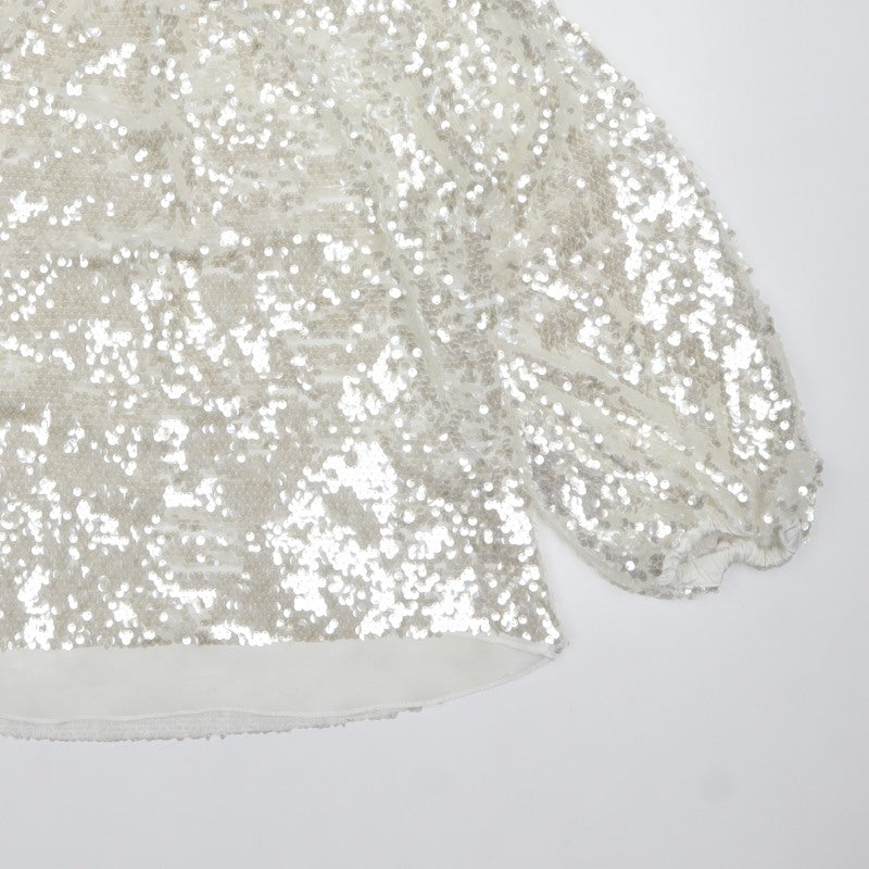 Zara Women Ivory Sequin Cropped Puff Sleeve Party Blouse Size S