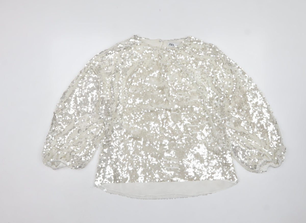 Zara Women Ivory Sequin Cropped Puff Sleeve Party Blouse Size S