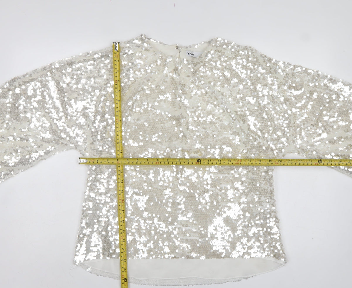 Zara Women Ivory Sequin Cropped Puff Sleeve Party Blouse Size S