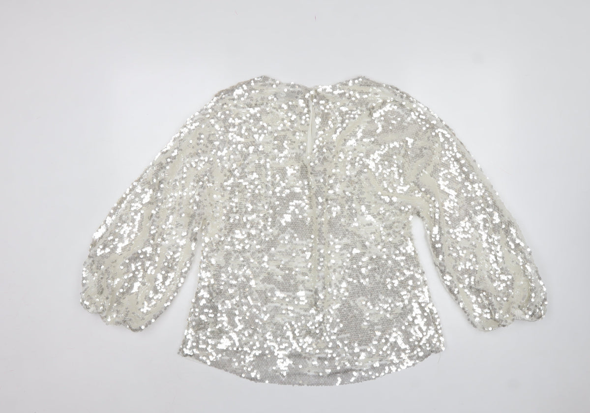 Zara Women Ivory Sequin Cropped Puff Sleeve Party Blouse Size S