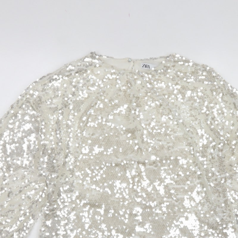 Zara Women Ivory Sequin Cropped Puff Sleeve Party Blouse Size S