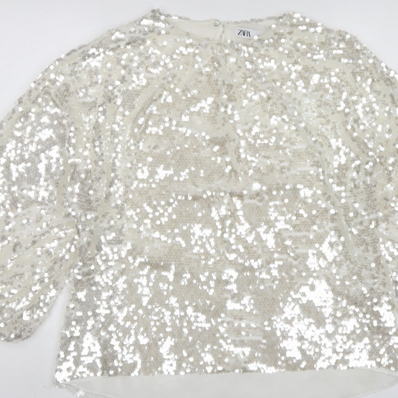 Zara Women Ivory Sequin Cropped Puff Sleeve Party Blouse Size S