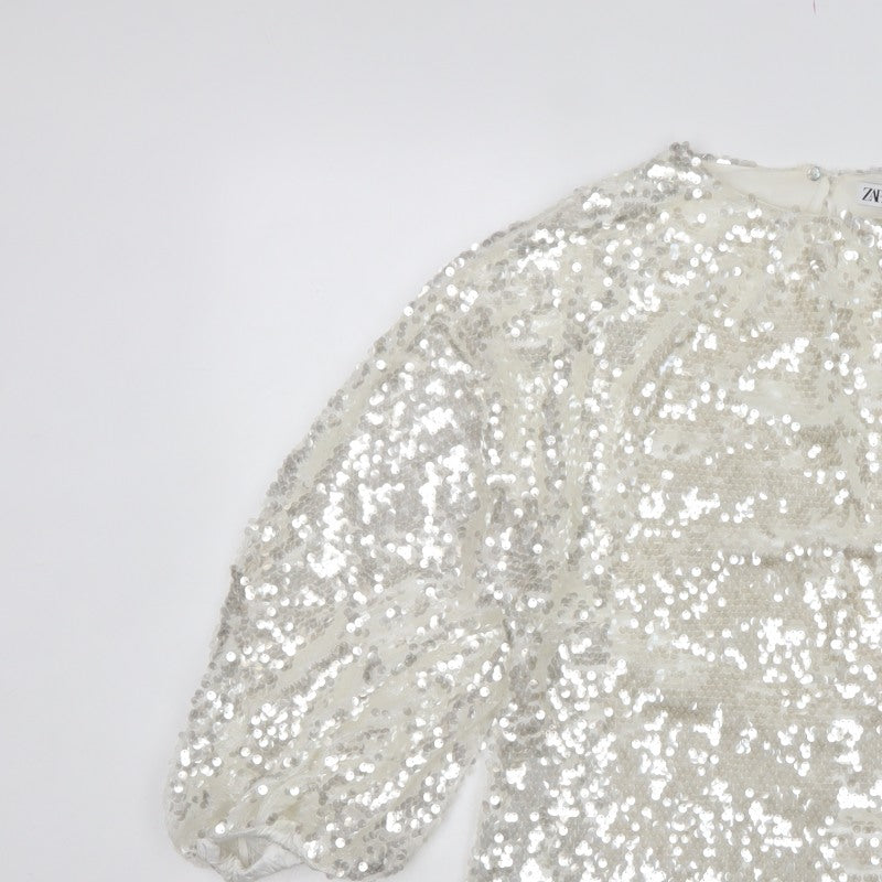 Zara Women Ivory Sequin Cropped Puff Sleeve Party Blouse Size S