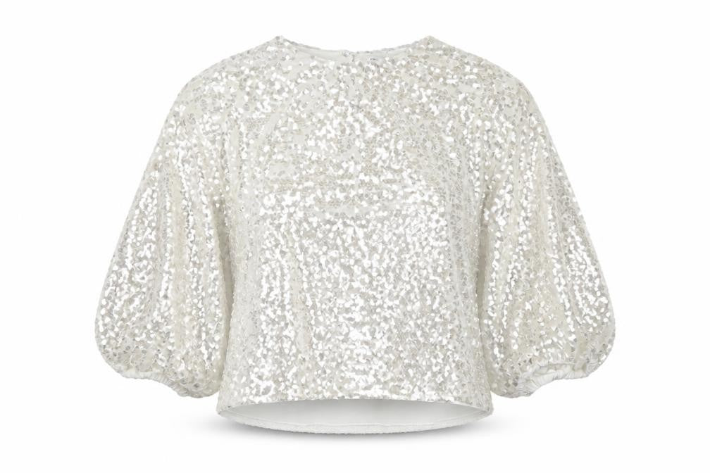 Zara Women Ivory Sequin Cropped Puff Sleeve Party Blouse Size S